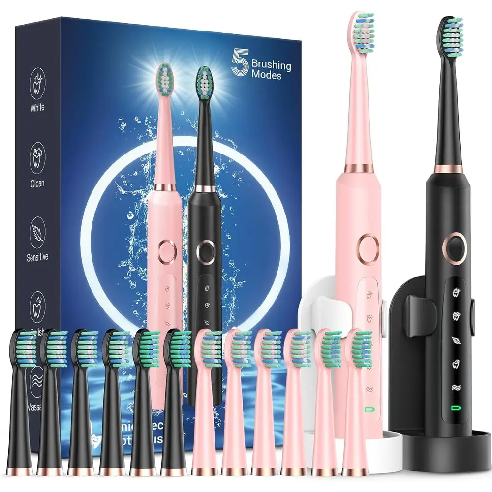 

Электрические зубные щетки для взрослых, двойной комплект, перезаряжаемые, с 12 насадками, 2 дорожными чехлами и 120-дневным сроком службы батареи, черные и розовые