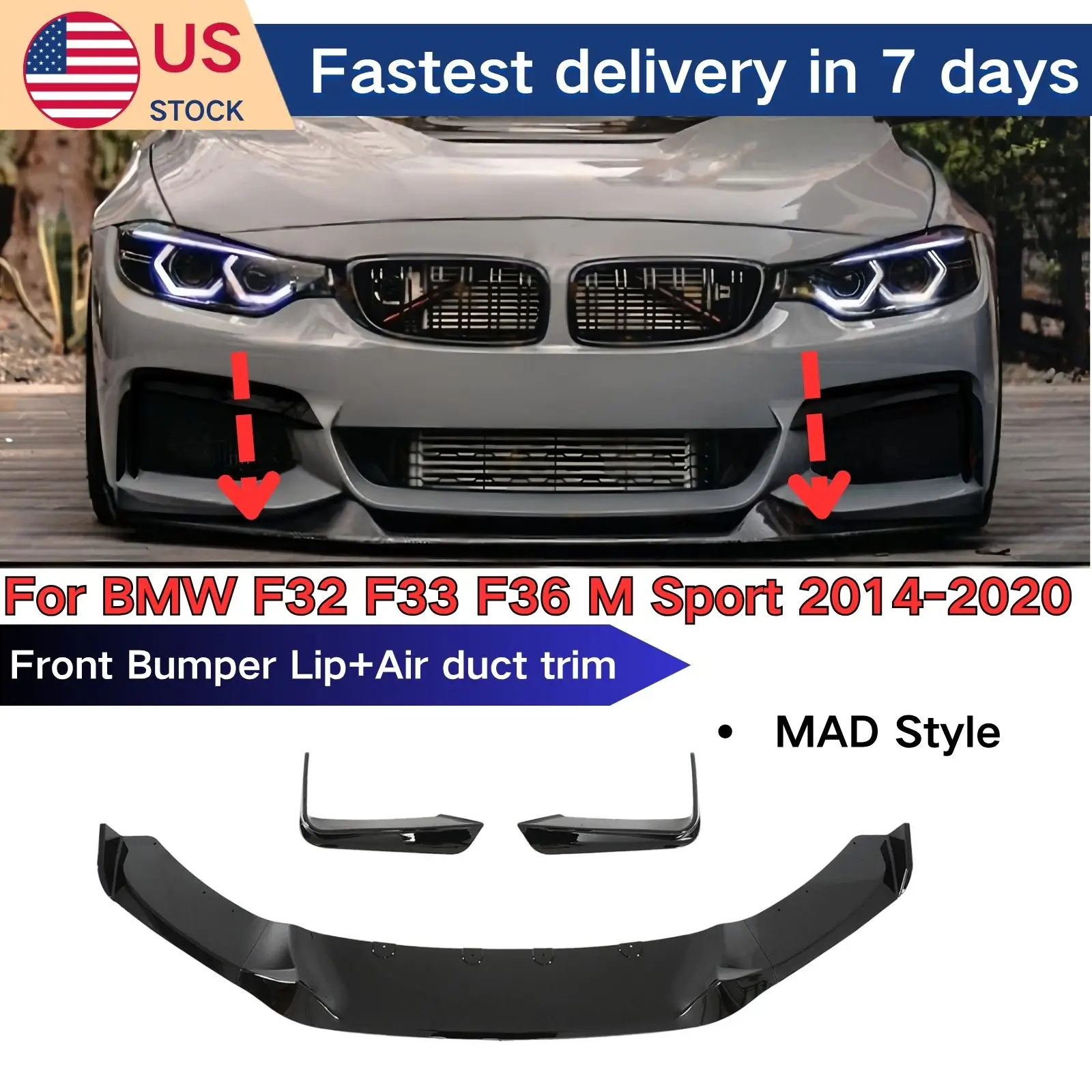 

For BMW 4 Series F32/F36/F33 2014-2020 With M Sport Bumper Front Bumper Lip&Air Duct Trim Car Accessories Glossy Black Body Kit