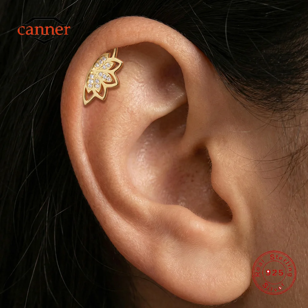 

CANNER 1PC 925 Sterling Silver Hollow Lotus Flower Crown Flat Back Thread Piercing Earring For Women INS Shiny Ear Bone Earring