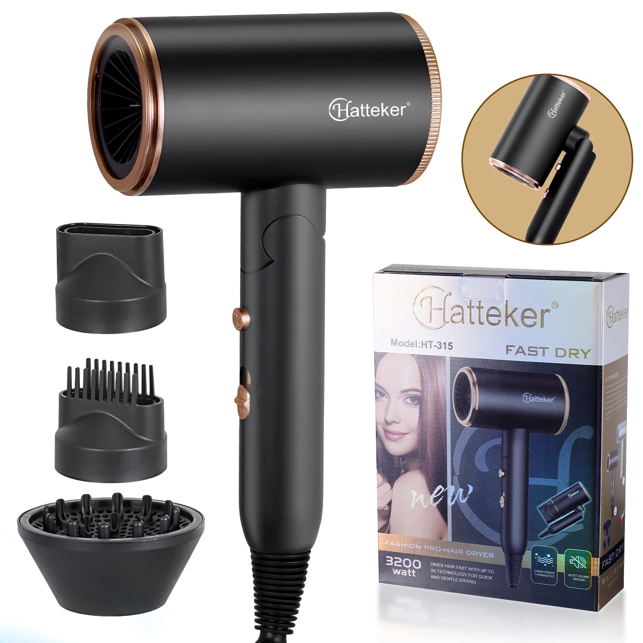Hatteker Foldable Negative Ion Hair Dryer Student 3 Temperature Control Hair Blower Compact Portable Hairdryer for Students