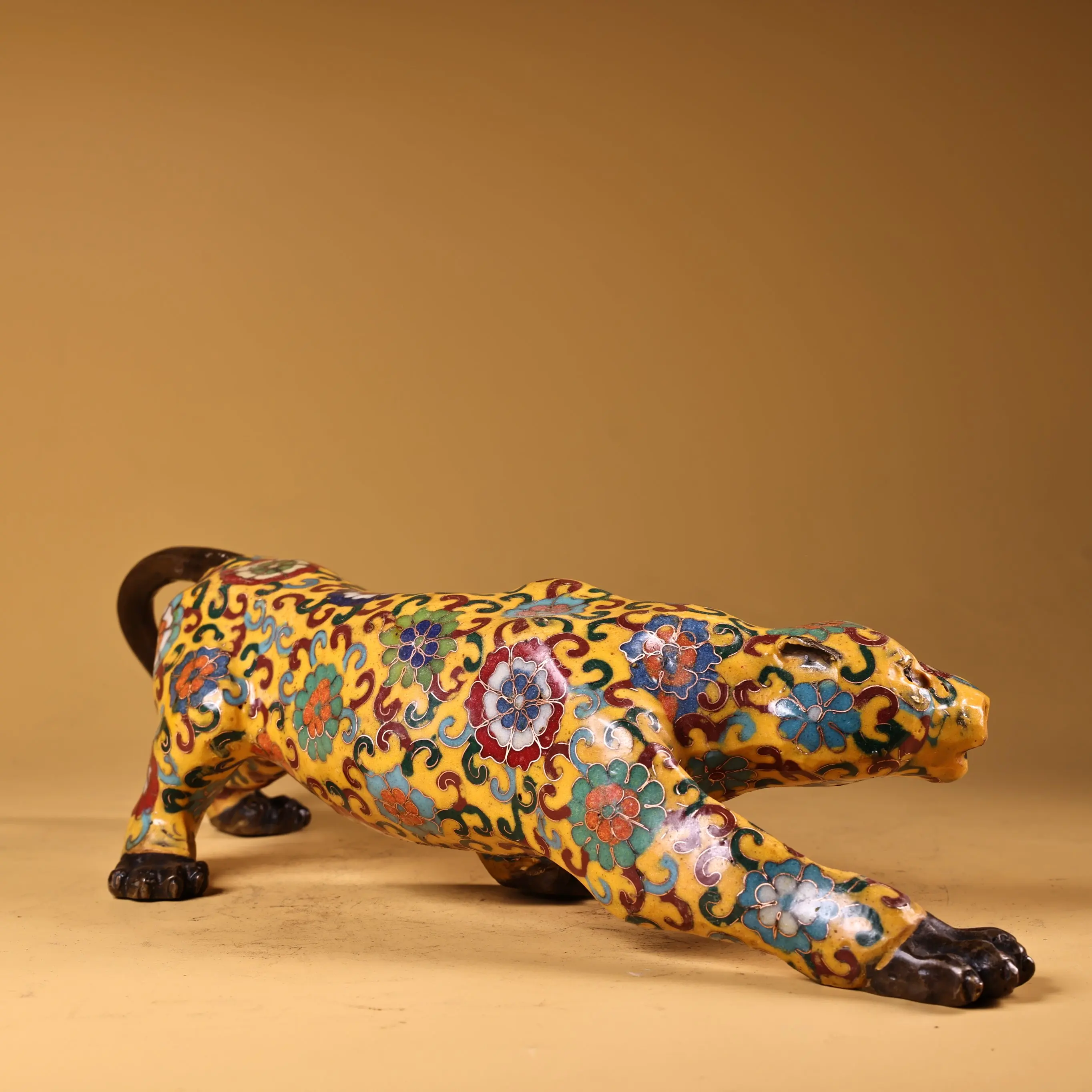 14 "مجموعة معبد التبت البرونزية القديمة مصوغة بطريقة المينا زهر البرقوق ليوبارد تمثال الحيوانات جمع الثروة الحلي تاون هاوس