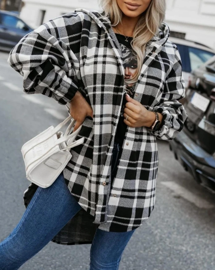 

Women's Coat 2025 Autumn Winter Latest Casual Plaid Pattern Long Sleeve Cardigan Top Button Down Dip Hem Hooded Outwear Jacket