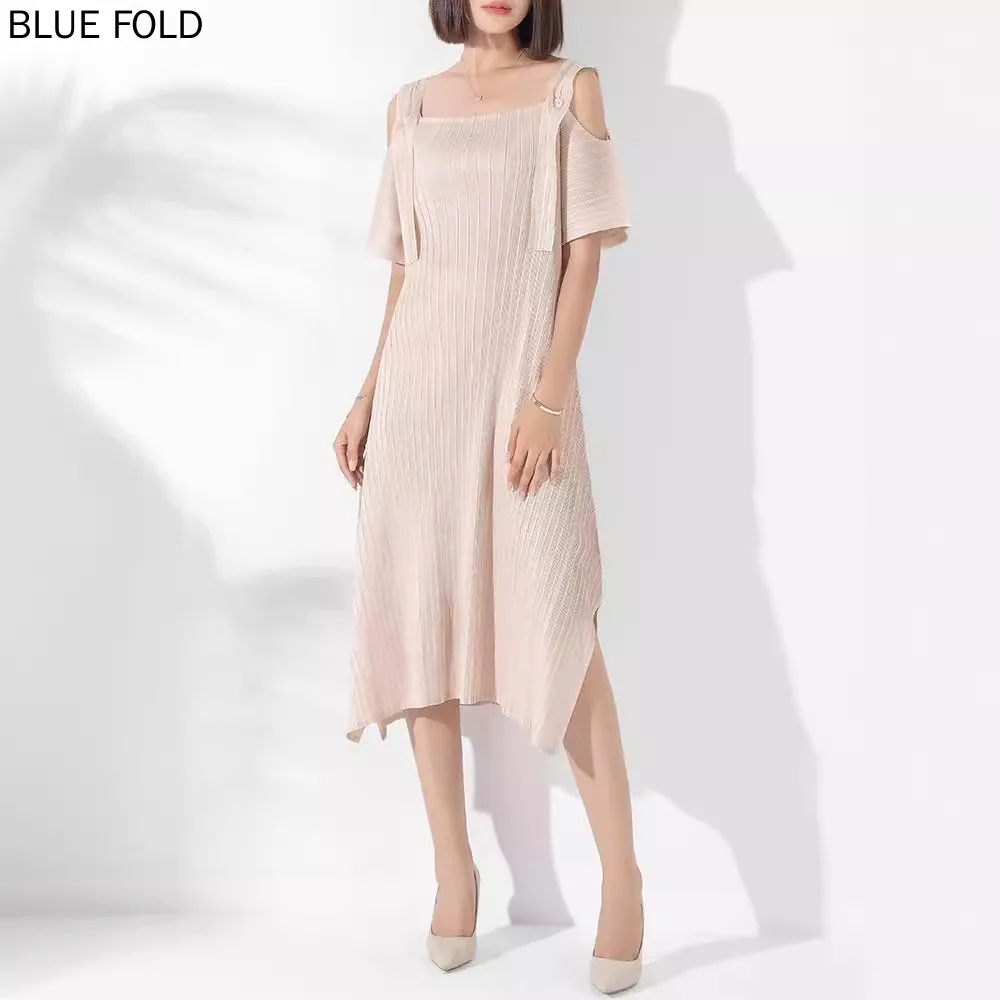 

MIYAKE PLEATS New Summer Dress for Women Solid Color Design Loose Large Size Slim Irregular A-line Large Swing Dress Elegant