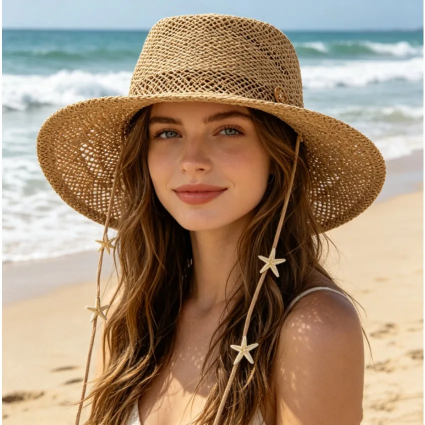 Women Letter Hollow Straw Hat Metal Chain Pin Decor Sun Hat Casual Outdoor Travel Beach Visor Hat