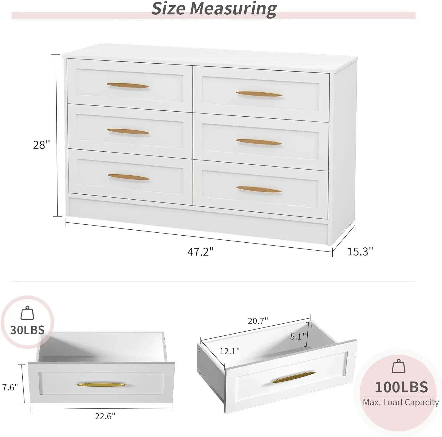 6 Drawer Dresser,  Modern Storage Solution for Bedroom, Living Room, Hallway - Sturdy and Stylish