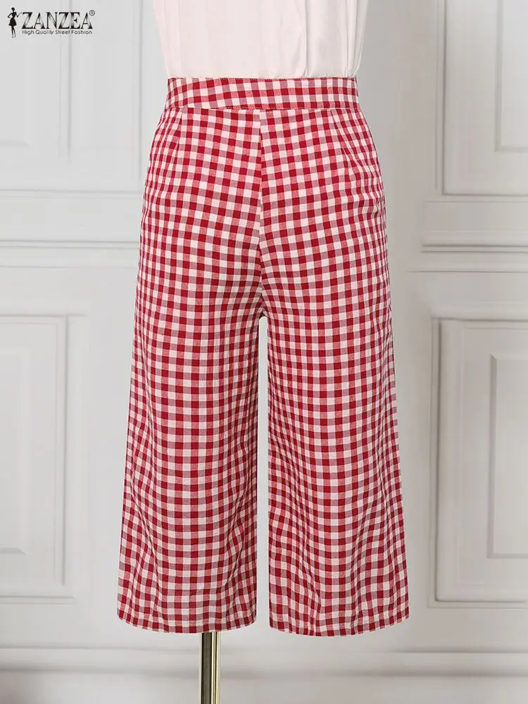 ZANZEA سراويل صيفية أنيقة عالية الخصر منقوشة سراويل نسائية طويلة 2025 جيوب خريف مكتب سيدة بنطلونات ملابس الشارع كبيرة الحجم