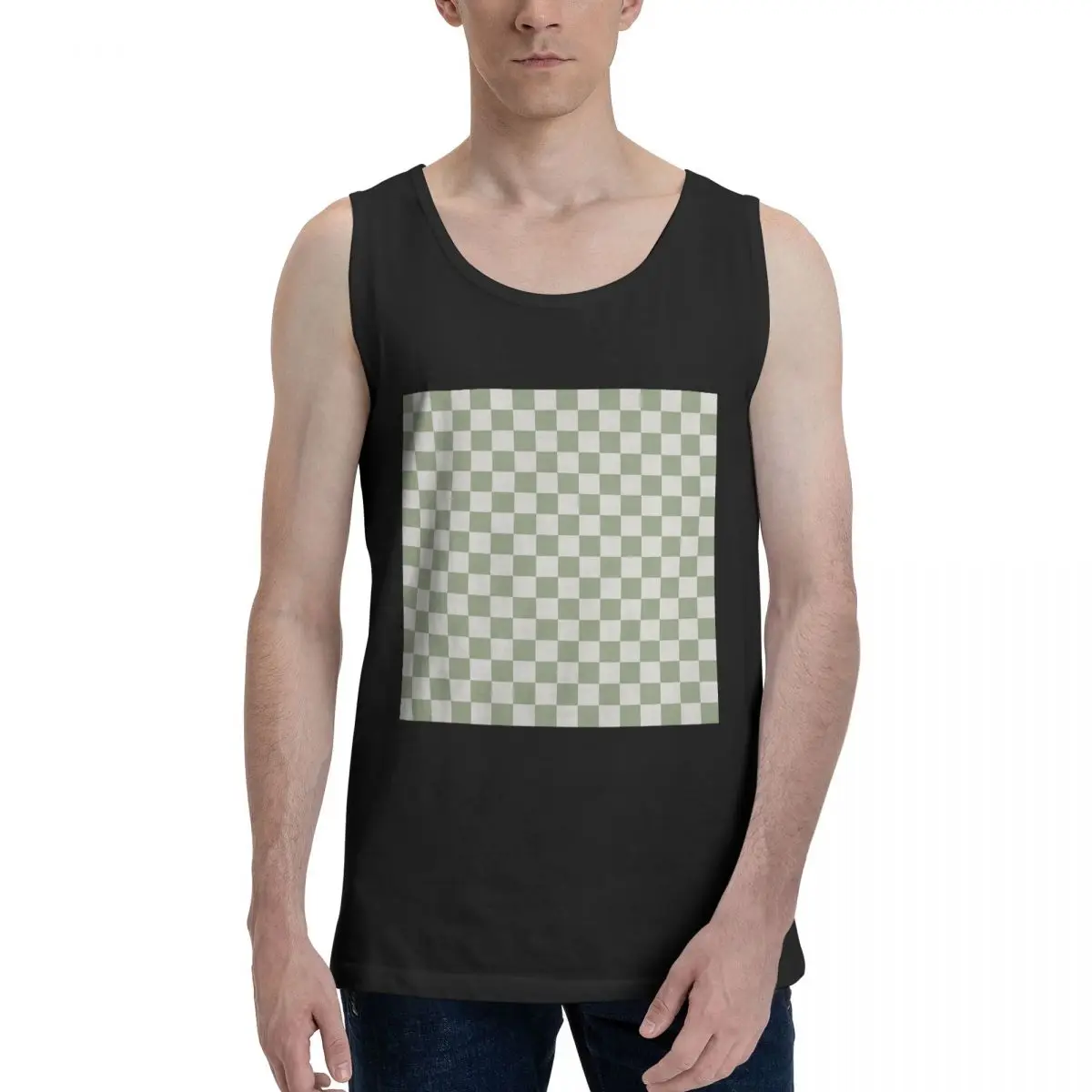 Checkerboard Mini Check Pattern 100% Cotton Men's Sweatshirt Vest Sleeveless Clothing Tees Men Tank Tops T-shirt