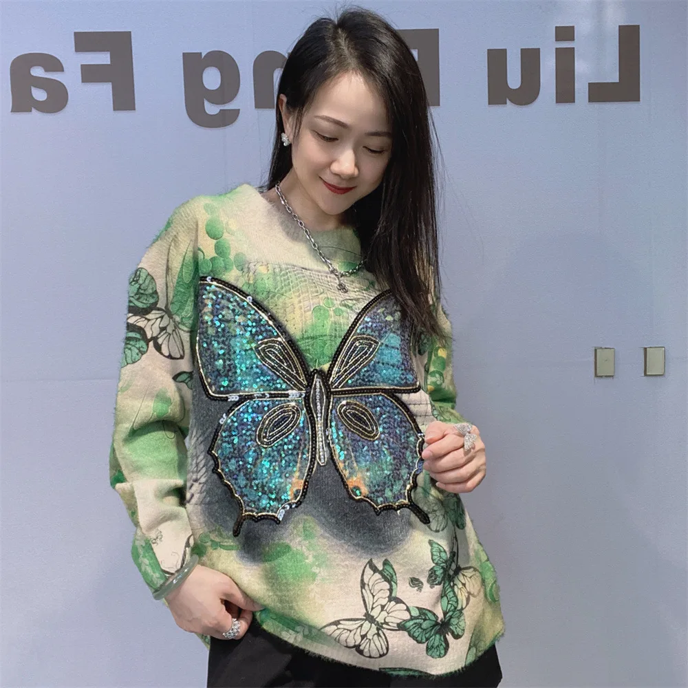 

Fashion Autumn Winter Green Tie-dye Women Sweater Sequins Embroidery Butterfly Oversize O-neck Pullover Long Sleeve Knitted Top