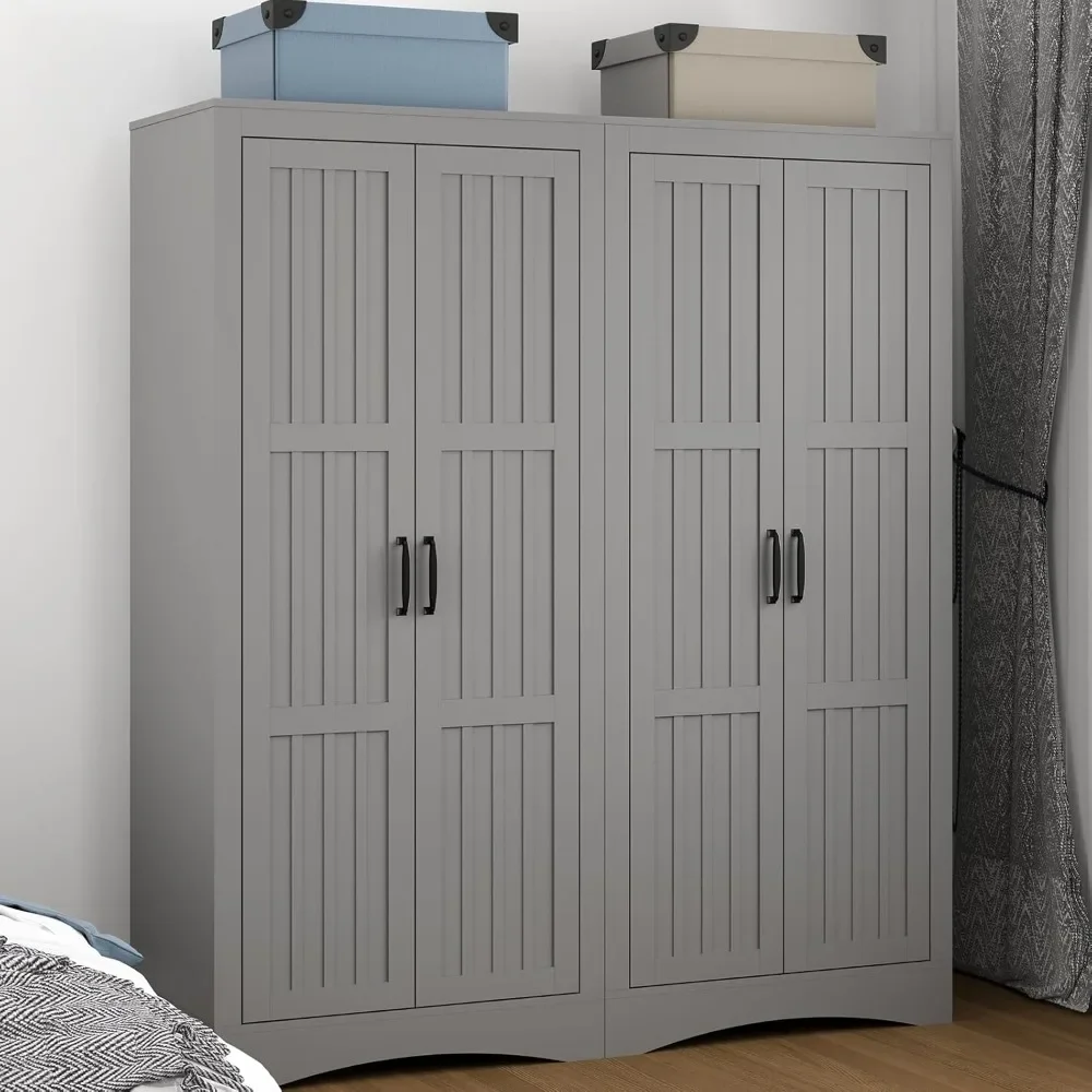 Modern independent 4-door wardrobe, wooden wardrobe with shelves and hanging poles, gray clothing sorting cabinet