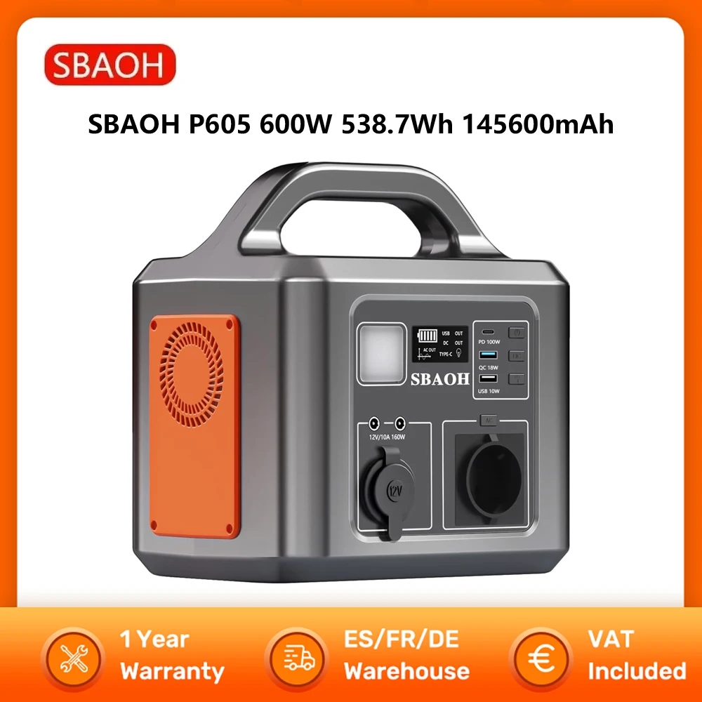 SBAOH P605 Portable Power Station 600W Solar Generator 538.7Wh Battery with 230V AC Outlets LED Light Backup Battery for Camping