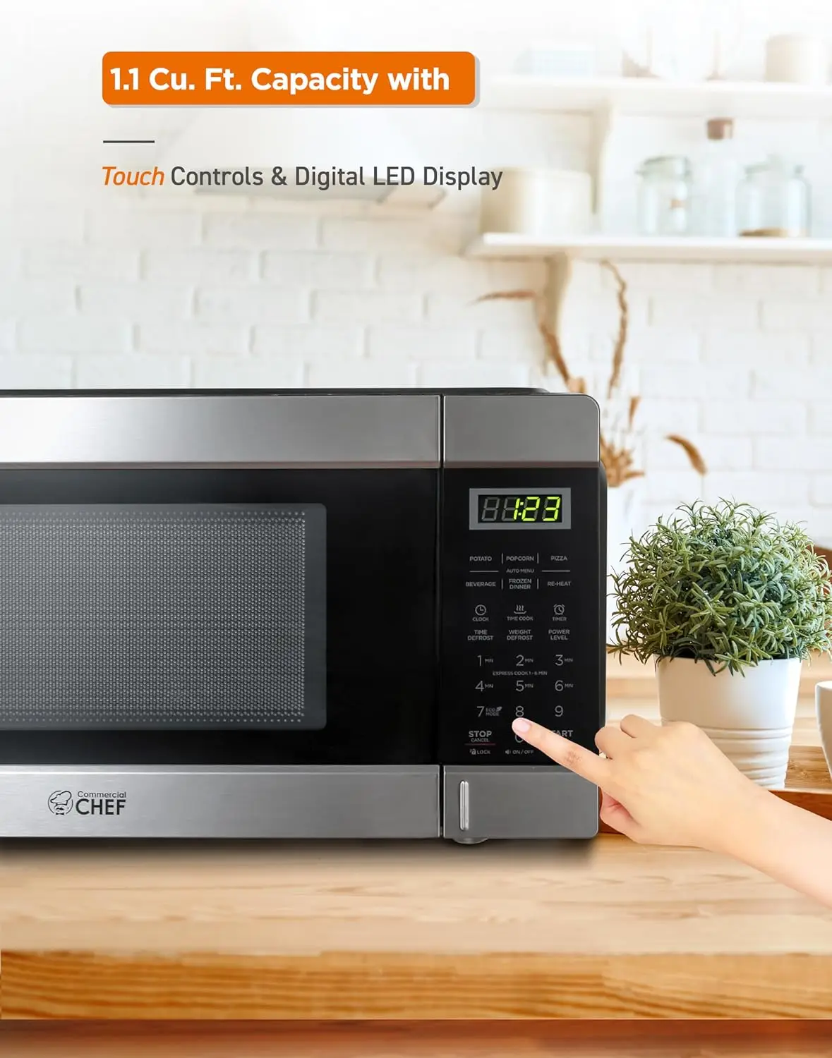 COMMERCIAL CHEF 1.1 Cu Ft Microwave with 10 Power Levels, Small Microwave with Push Button, 1000W Countertop Microwave