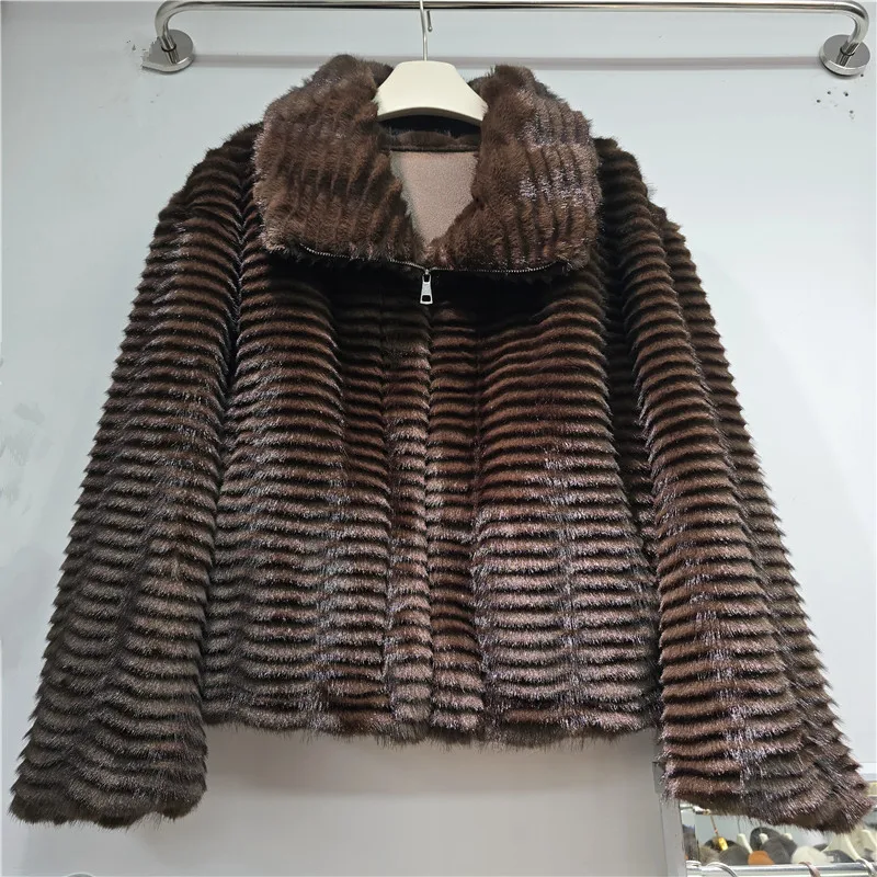 2026 Autumn Winter Casual Style Striped Faux Mink Fur Jacket for Women Large Lapel Zipper Loose Fitting Short Coats