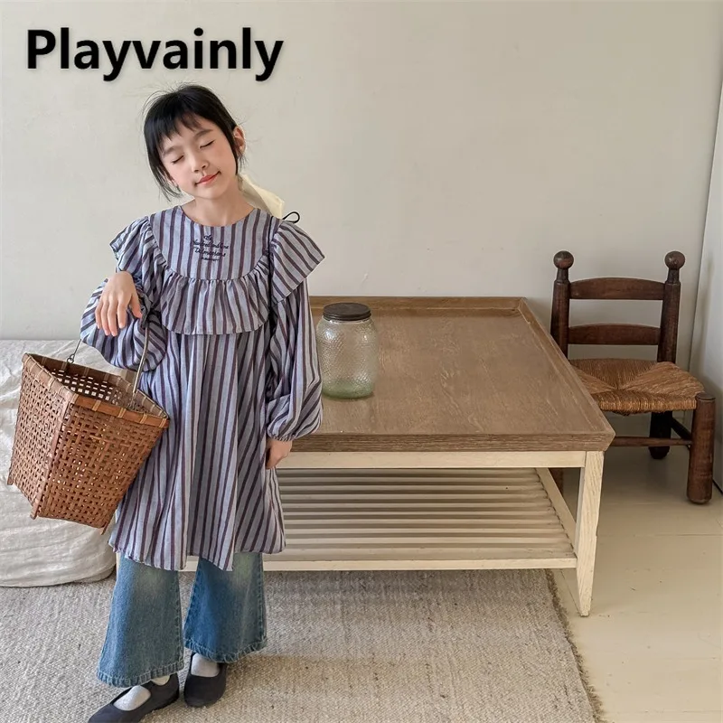 

2025 New Spring Autumn Children Clothes Korean Style Girls Beige Blue Stripe Ruffled Collar and Puff Sleeve Design Dress A6012