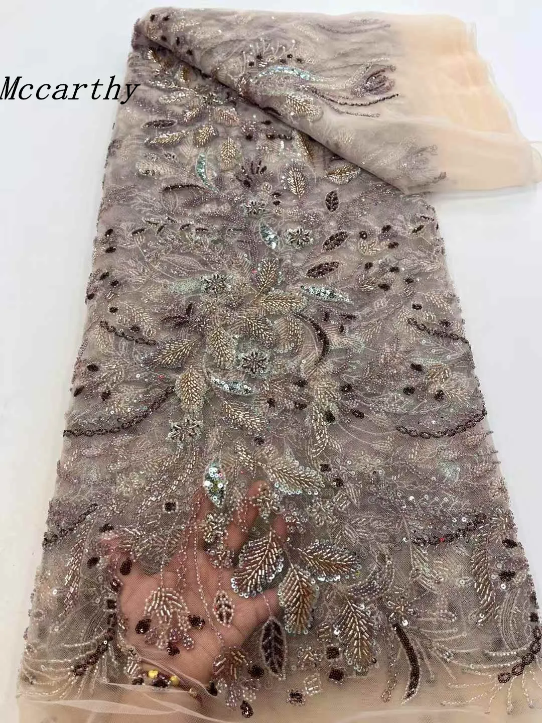 

Mccarthy Nigerian Heavy Handmade Beads Tulle Lace Fabric 2024 African Luxury Sequins Lace Fabric For Women Evening Cloth Dresses