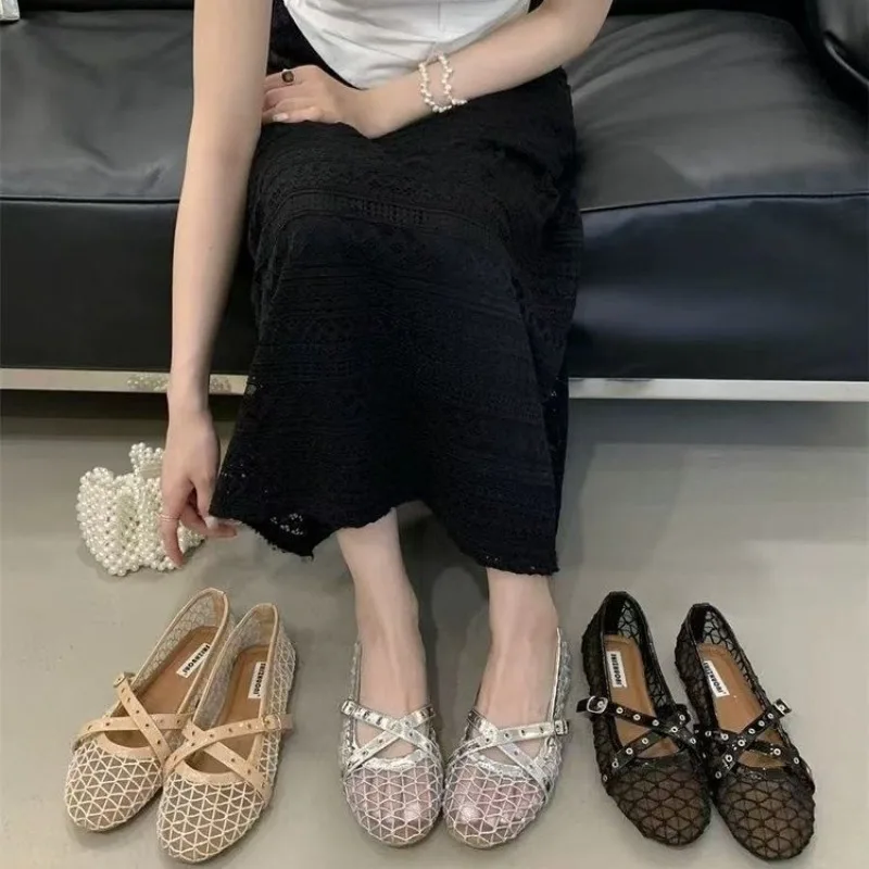 Women's Mesh Ballet Flats Breathable Fishnet Mary Jane Shoes with Studded Straps Summer Style Casual Sandals Women Flats Shoes