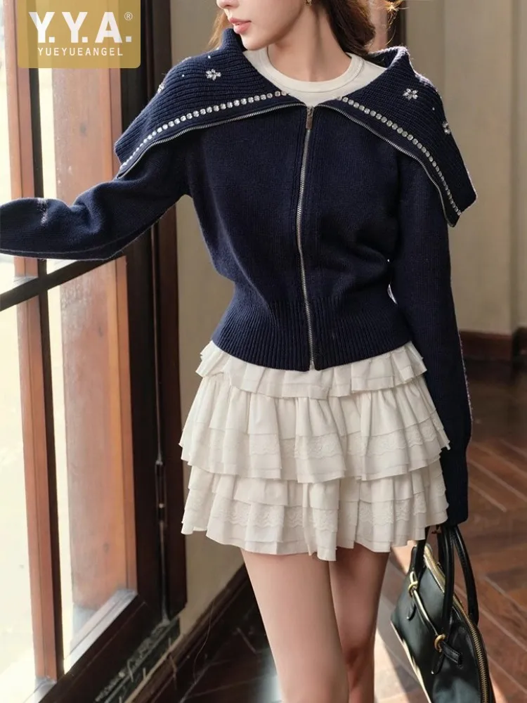 Sweet Sailor Collar Women Autumn Knitted Cardigan Long Sleeve High Waist Slim Fit Knitwear Casual Fashion Diamonds Sweater Top