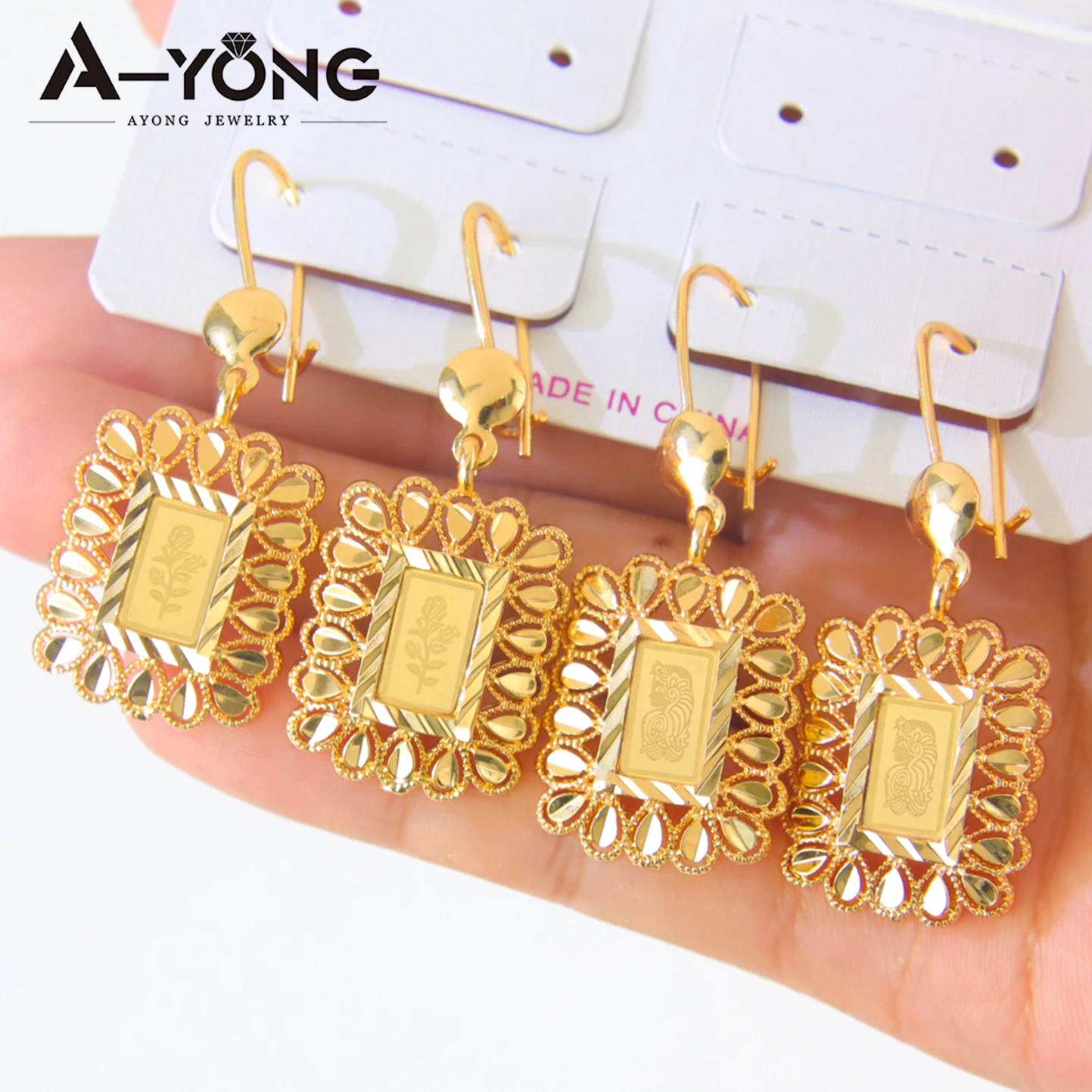

Dubai Fashion Drop Earrings 21k Gold Plated Arabic Muslim Bridal Square Dangles Earring Women Vintage Wedding Jewelry