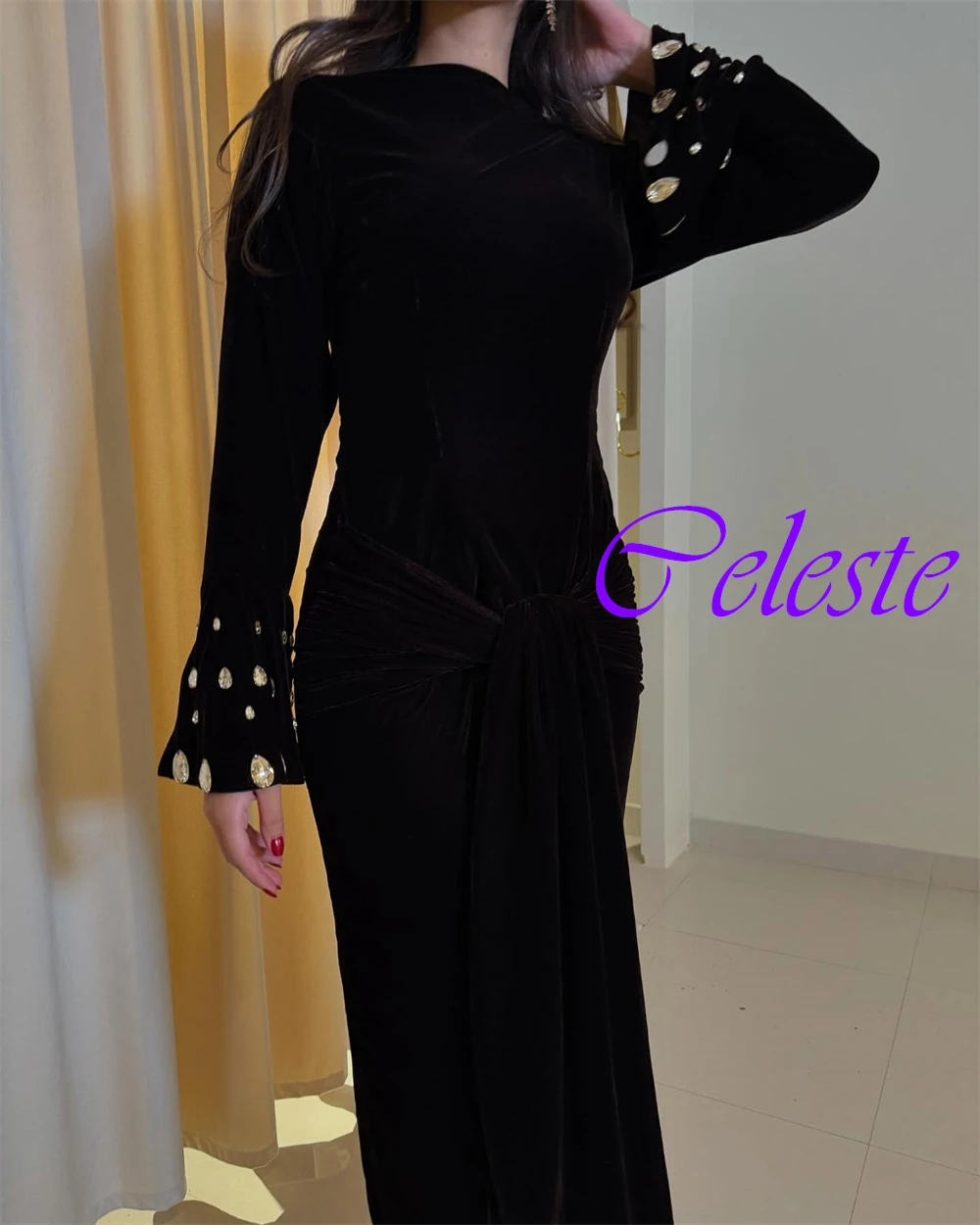 Customized Elegant Boat Neck Velour Evening Dress Classic Long Sleeves Prom Dresses Luxury Sequined Special Occasion Gowns