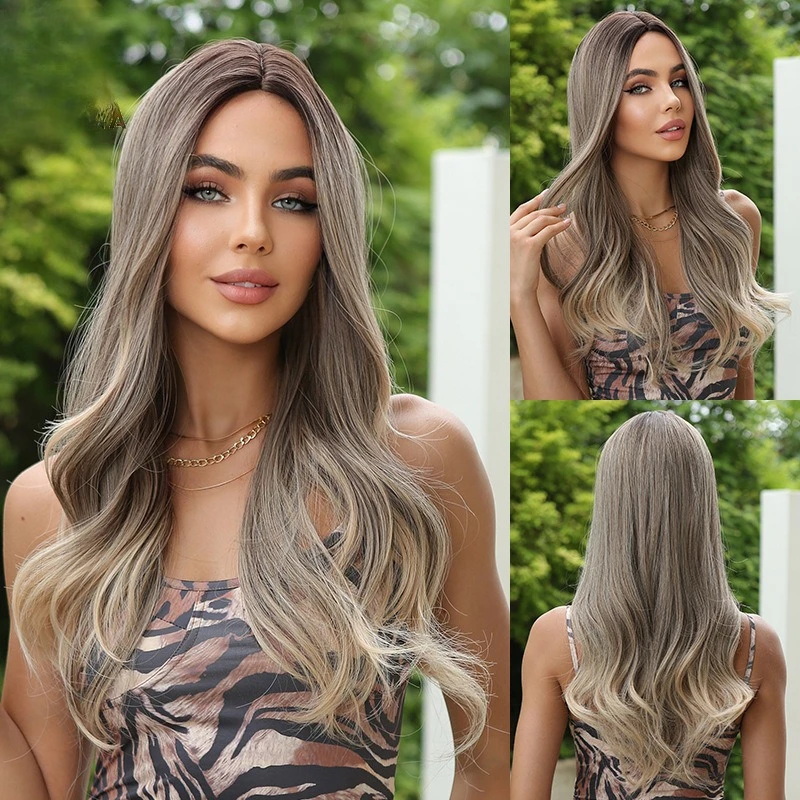 

High temperature silk female wig, fashion style long hair light gray gradual change beige, medium sub micro roll fashion party