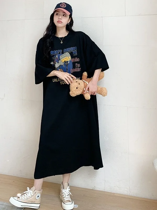 Korean New Summer Print Pattern Womens Casual Loose Cartoon Short Sleeve Printed T-shirt Long Skirt Air Short Sleeve Dress ELBJ