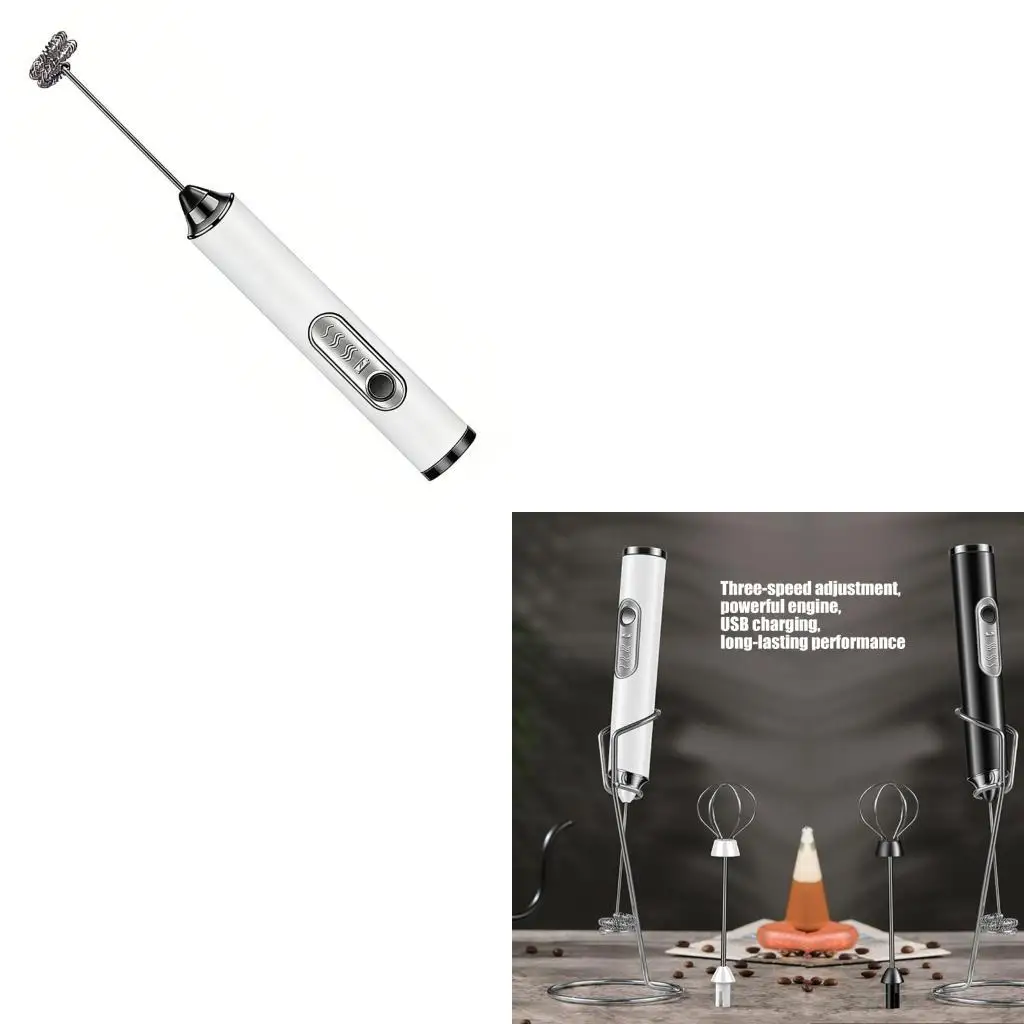 J6PE Rechargeable Handheld Milk Frother Wand with Stand,2 Whisks Electric Drink Mixer