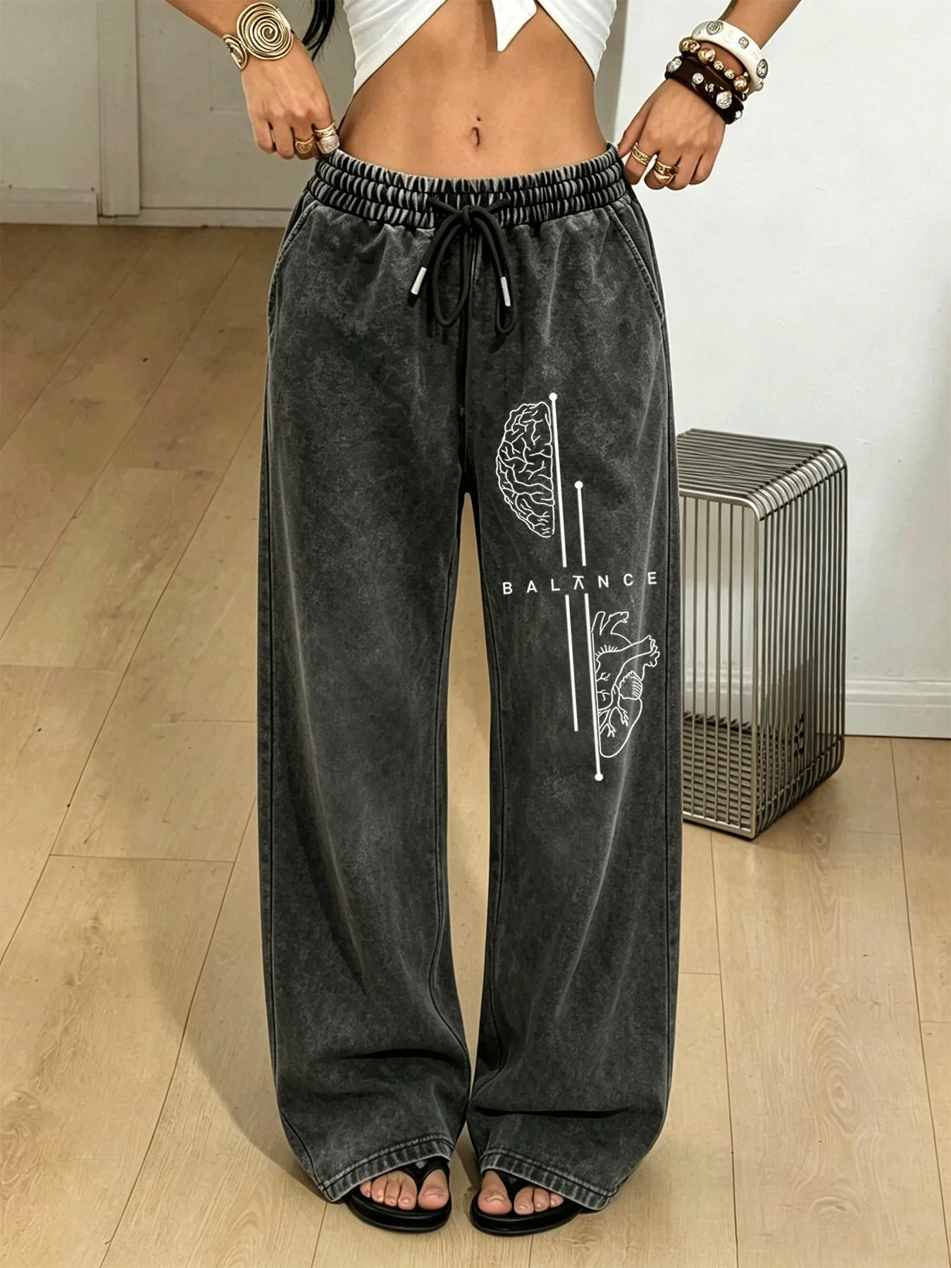 Vintage Washed Distressed Trousers for Women, Stylish, Comfortable, Breathable and Versatile Trousers with Brain Line Print