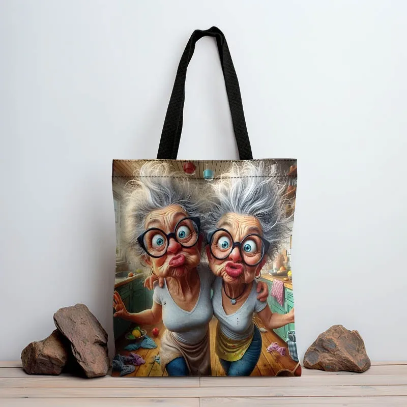 Women Tote Bag Vintage Two Grandmas Chatting & Drinking Print Polyester Shoulder Bag Lightweight Illustration Handbag Daily Use