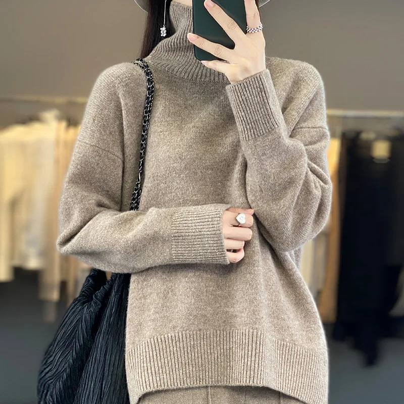 Women's Monochromatic Woolen Turtleneck Sweater, 100% Pure Wool Knitted Bottom Shirt, Autumn and Winter Pullover, New