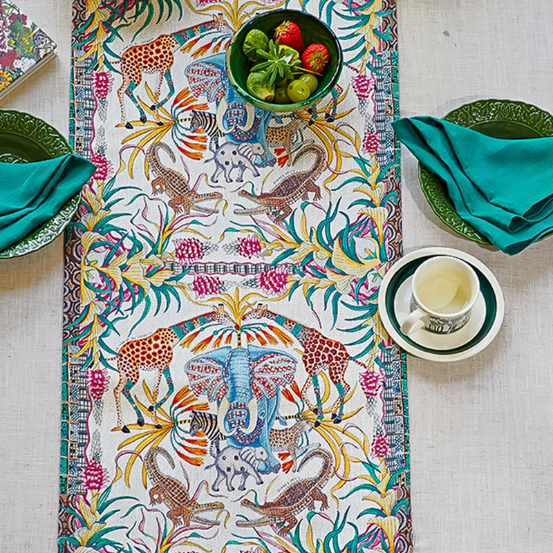 Retro American Table Runner Ambient Jungle Animal Tablerunner Cover Cloth Hand-painted Elephant Crocodile Coffeetable Tablecloth