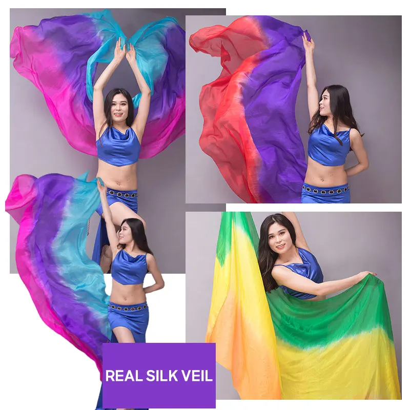 100% Real Silk Veil Scarf Customized Bellydance Popular Hand Dyed Natural Silk Belly Dance Accessories Gradient Color Silk Veil