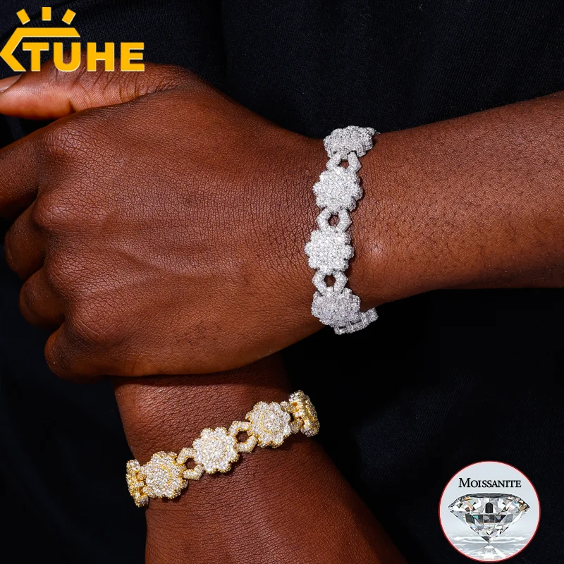 

TUHE Iced Out Flower Cuban Link Bracelet Copper Base Moissanite Diamond Gear Bracelet For Men Women Hip Hop Bling Jewelry