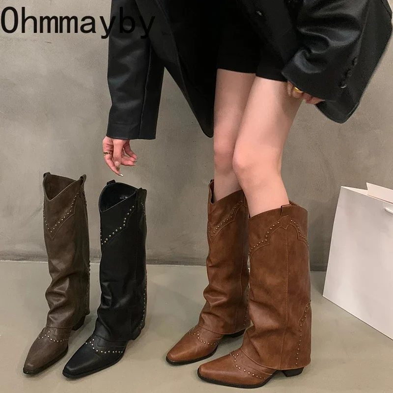 Autumn Winter Women Knee-High Boots Retro Style Western Knight Booties Pointed Toe Square Heels Female Shoes