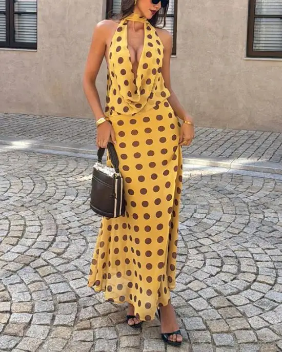 

Women's Dress 2026 Summer Sexy Retro Wave Point Print Trend Sexy Swinging Collar Backless Sleeveless Hanging Neck Party Dress