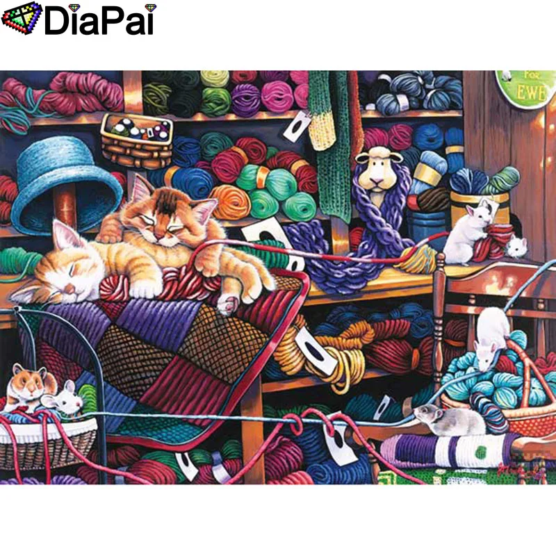 

DIAPAI 5D DIY Diamond Painting 100% Full Square/Round Drill "Animal cat yarn" Diamond Embroidery Cross Stitch 3D Decor A21871