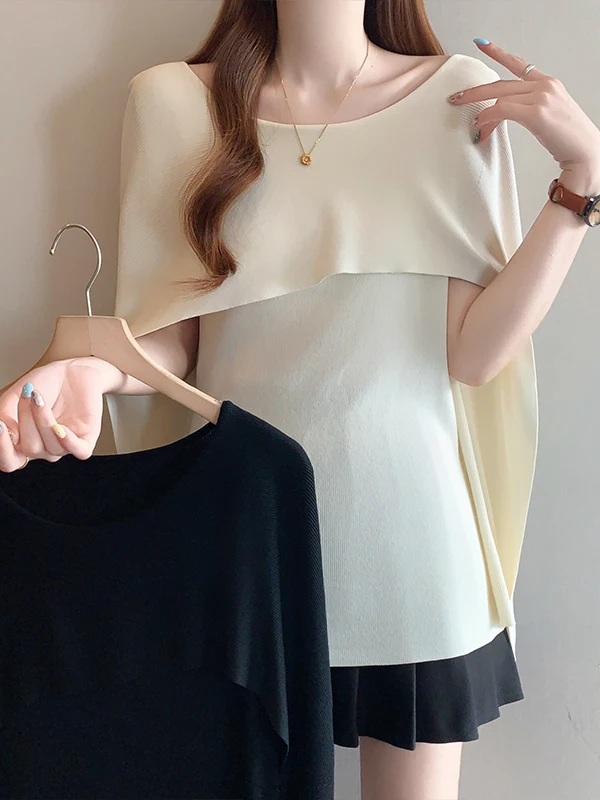 

plus Size Summer Knitwear Casual Shoulder Bared Cloak Style Meat Concealing Slimming Fashionable Alluring Leisure Knitted Top