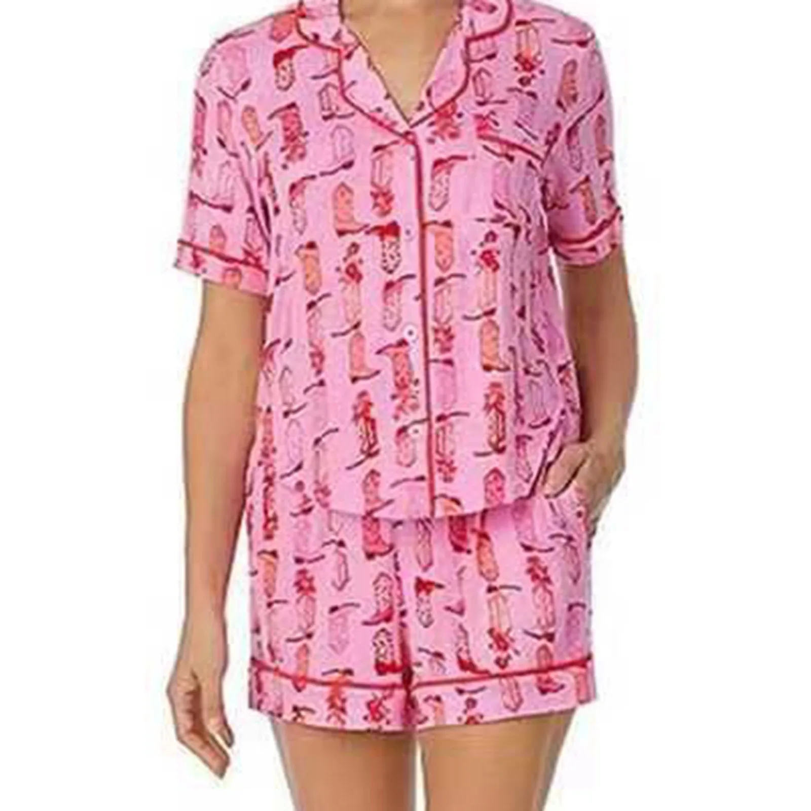 Womens Lounge Sets 2 Piece Pink Cowgirl Boots Silk Pajamas Short Sleeve Pjs Tops and Shorts Satin Pajama Pants Set