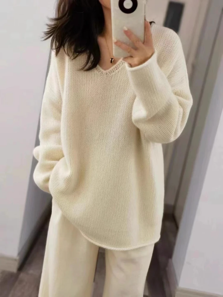 100% Pure Wool Loose V-neck Sweater Autumn Winter New Knitted Pullover Casual Fashion Korean Version Medium Long Tops Large Size