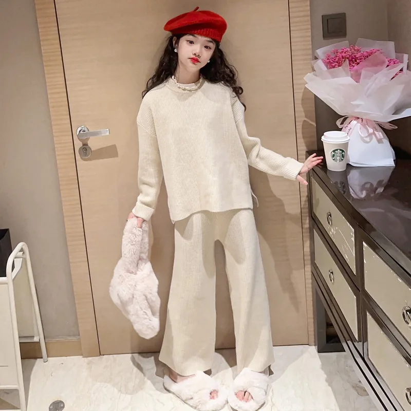 Girls Sweater Sets Autumn Long Sleeve Beige Knitwear 2 Pcs Children Costumes Cozy Soft Kids Boutique Clothes Casual Teen Outfits