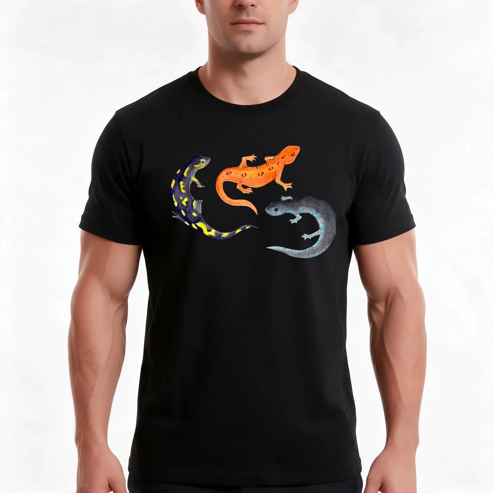 Salamander Leaves Watercolor Pattern- Light Blue T-Shirt Summer Casual Cotton Tee Oversized Streetwear Tops Unisex Men Women