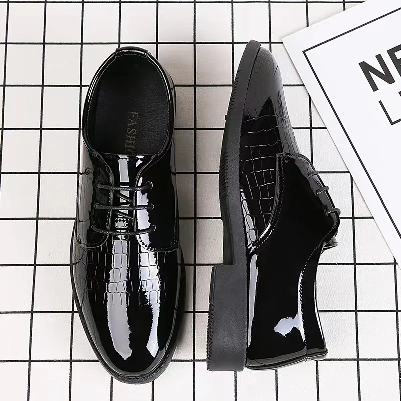 Men's Wide Width Polished Leather Oxfords Autumn Business Casual Formal Shoes Shiny Comfort Cushioned Non-Slip Sole Work Wedding