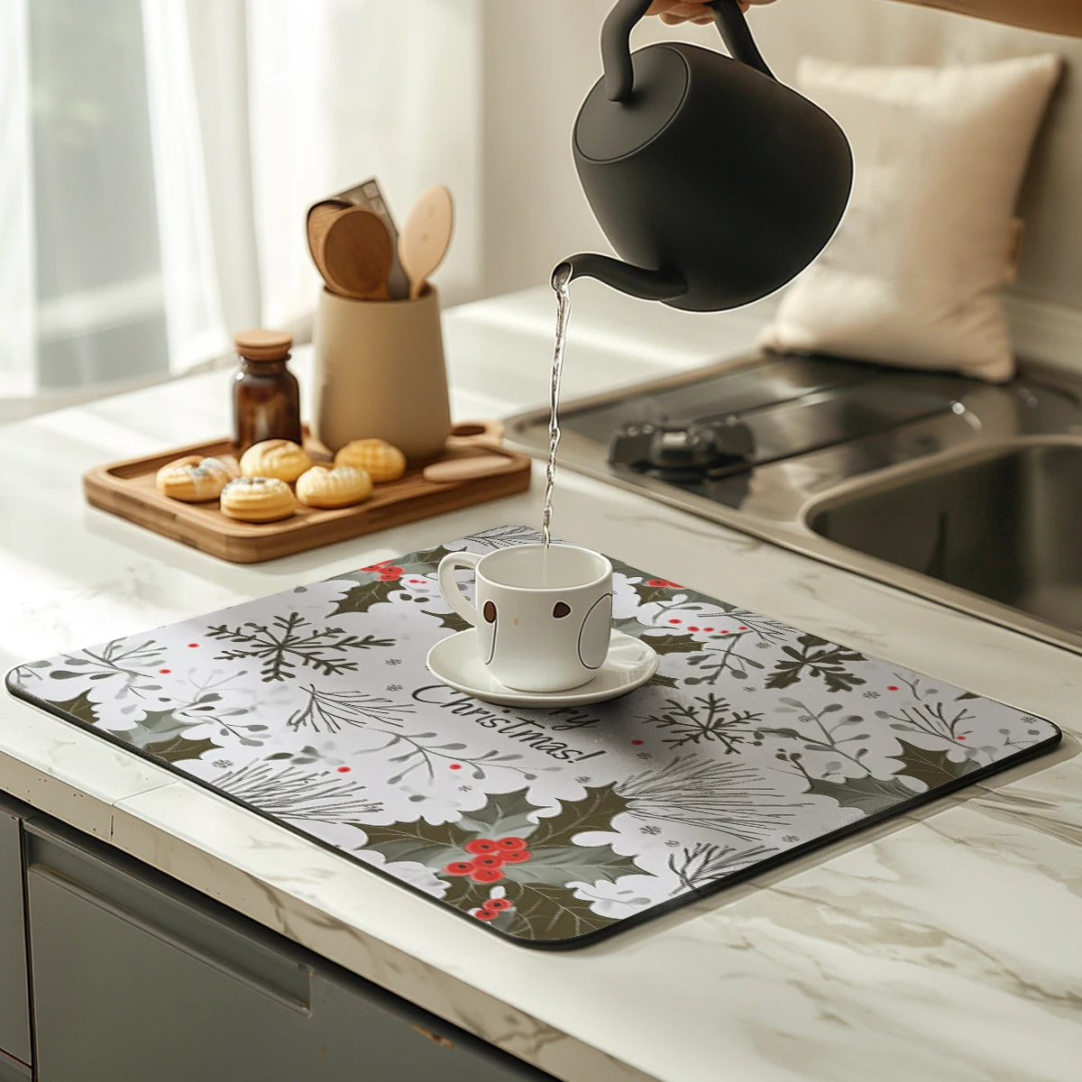 Tapete de café de natal floco de neve absorvente drenagem prato secagem esteira seca utensílios de mesa do banheiro mancha borracha apoiado tapete absorvente