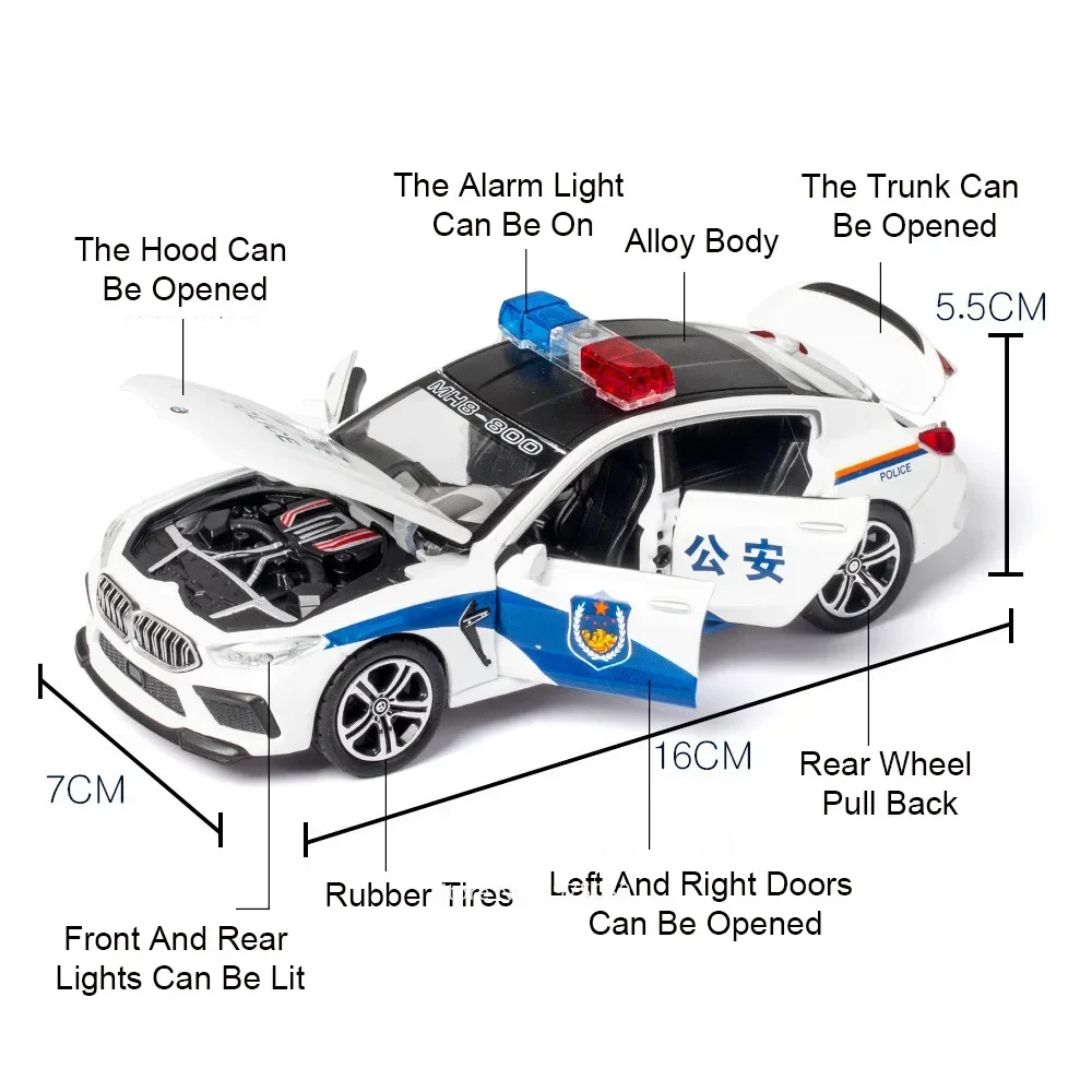 1:32 M8 MH8-800 Police Cars Models Toys 6 Doors Opened Wheel Pull Back Vehicles with Light Music Model Special Decoration Gifts