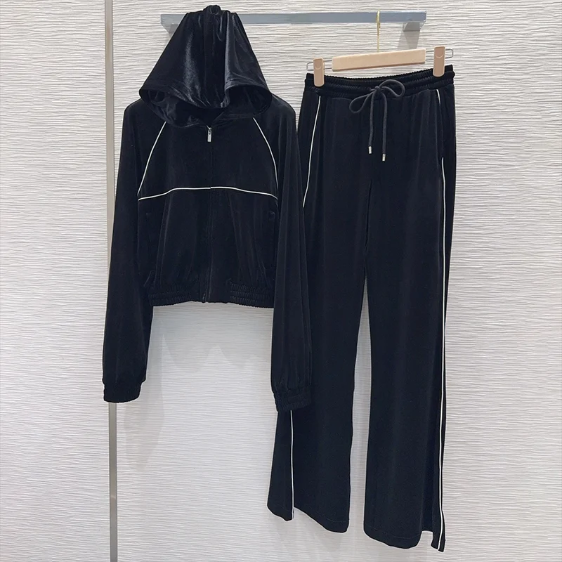 

Высококачественные женские роскошные комплекты из матового бархата с толстовкой с капюшоном на молнии + брюки на шнуровке с вышивкой букв 2592946