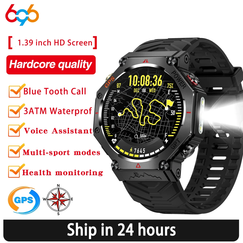 

Men Women Outdoor Sports GPS Smart Watch Flashlight 3ATM Waterproof GPT Watches Blue Tooth Call Health Clock Compass Smartwatch