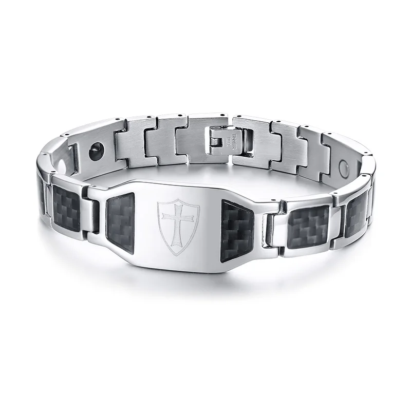 Carbon Fiber Magnetic Bracelet for Men Knights Templar Shield Cross Stainless Steel Bio Energy Therapy Male Pulseira
