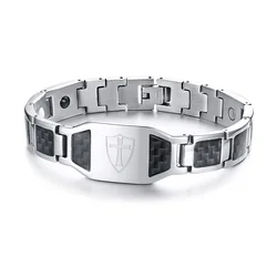 Carbon Fiber Magnetic Bracelet for Men Knights Templar Shield Cross Stainless Steel Bio Energy Therapy Male Pulseira