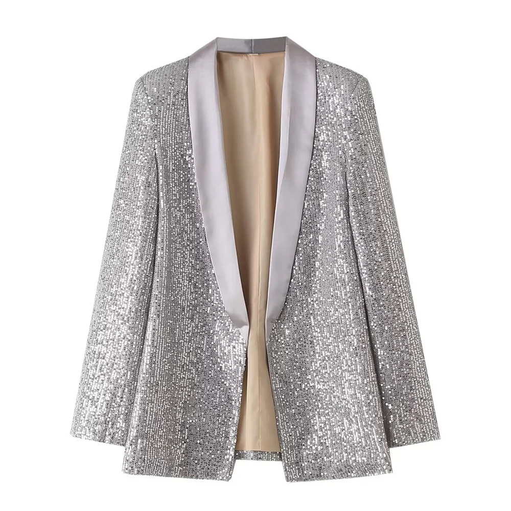 Spring Product Women's Sequin Fashionable Style Polo Collar Long sleeved Solid Color Suit Coat Z Celebrity style blazer de mujer