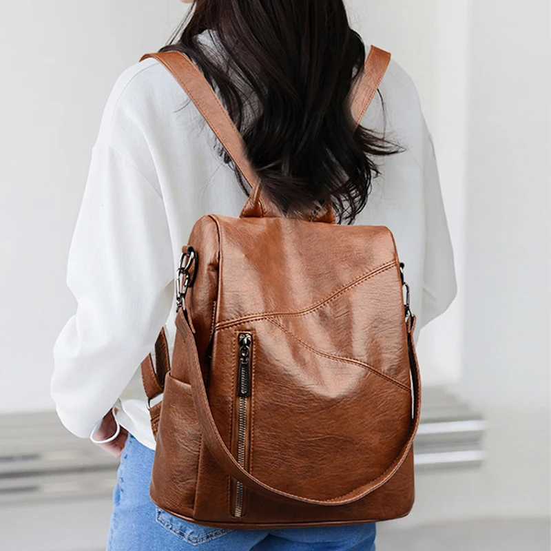 Casual Women Multifunctional Backpack Soft Leather Large Capacity Waterproof Daypack Outdoor Travel Shoulder Crossbody Handbag