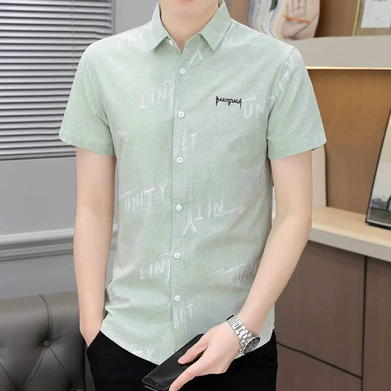 Letter Printing Short Sleeve Men\'s Clothing Turn-down Collar Contrast Color Summer Button Up Cardigan Shirt Preppy Style Tops