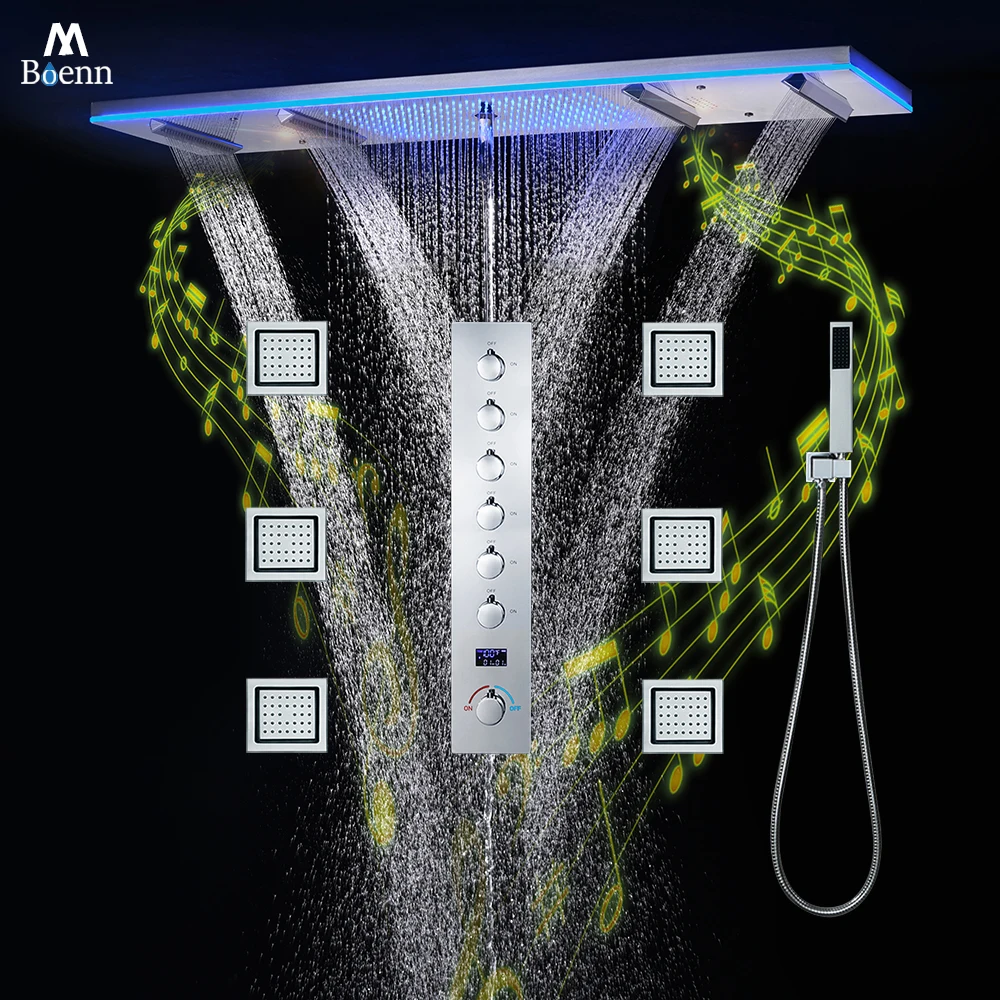 

M Boenn 47*12 Inch LED lighting Large Black Shower Head Rainfall Bathroom Faucet Hot Cold Shower System Set Smart Showers Mixer